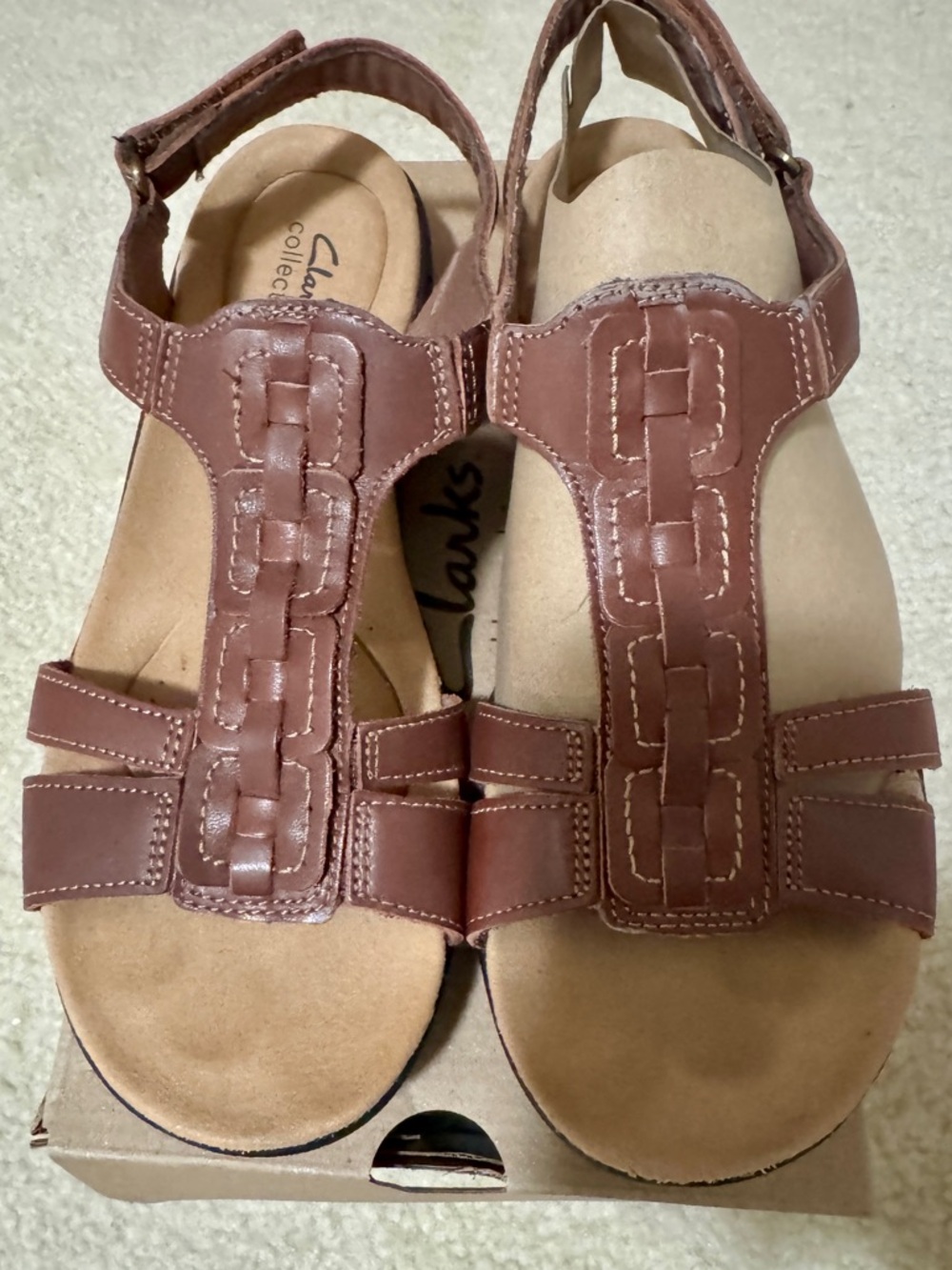Clarks Women's Brown Leather T-Strap Slingback Wide Width Sandals Size 9W
